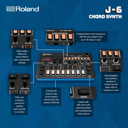 Miniatura 4 de Roland AIRA Compact J-6 CHORD SYNTH Máquina portátil de creación de canciones con sonido Roland profesional y características Motor