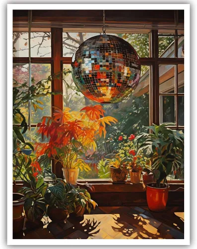 Póster de estilo vintage de los años 70 con bola de discoteca interior en conservatorio, decoración artística cálida y estética, coloridas plantas