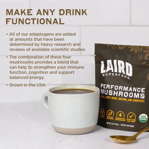 Miniatura 5 de Laird Superfood Mezcla Orgánica de Hongos de Rendimiento con Chaga, Cordyceps, Lion's Mane y Maitake para Energía y Cognición, Bolsa de 3.17 oz