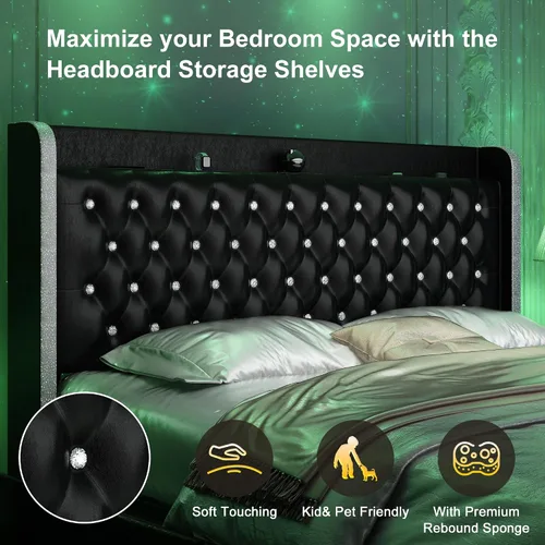 Miniatura 5 de GEGOFORU Base de cama Queen con luces LED y proyector de galaxia, moderna plataforma con respaldo alado con 4 cajones de almacenamiento, puertos