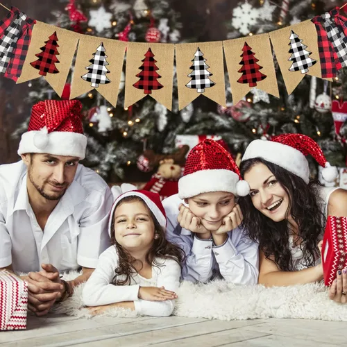 Miniatura 7 de Doumeny Pancarta de arpillera a cuadros de Navidad con diseño de búfalo para árbol de Navidad, guirnalda vintage de feliz Navidad, guirnalda