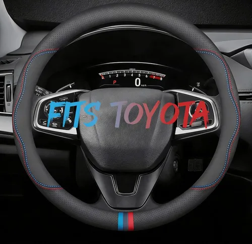 Miniatura 29 de Funda de cuero para volante de automóvil, transpirable, perforada con láser, líneas dobles negras puras, textura premium, 14.5-15 pulgadas