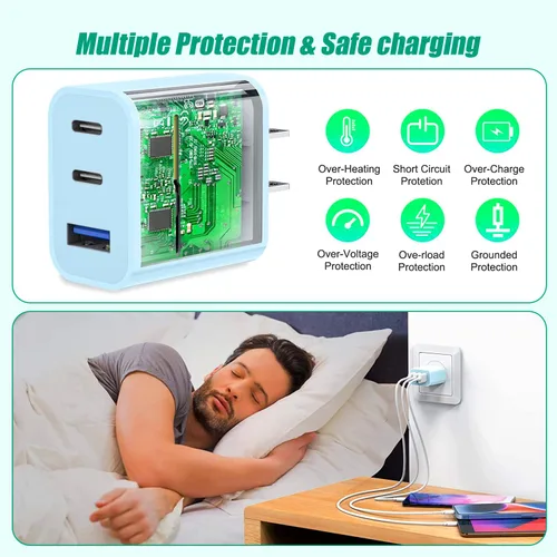 Miniatura 5 de Paquete de 2 bloques de cargador para iPhone 17, bloque de cargador USB C de 35 W y 3 puertos de carga rápida, enchufe de pared multipuerto USB C