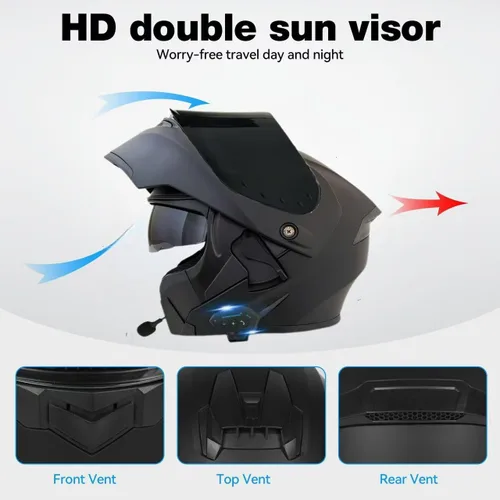 Miniatura 5 de Casco modular Bluetooth para motocicleta, aprobado por DOT, de cara completa con visor abatible, de doble visera, con altavoces duales y micrófono