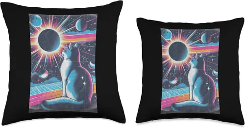 Miniatura 3 de Cat Solar Eclipse - Synthwave Retro Poster Style Throw Pillow