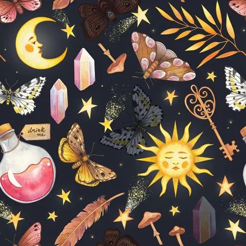 Papel Tapiz Negro Azul Marino Fantástico Sueño Mágico Sol Luna Mariposa Hongos Estrellas de Cristal para Despegar y Pegar Papel de Contacto Adhesivo