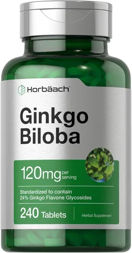 Horbäach Suplemento de ginkgo biloba | 120 mg | 240 tabletas | Extracto de hierbas estandarizado | Glucósidos de flavona | Vegetariano, sin OMG y