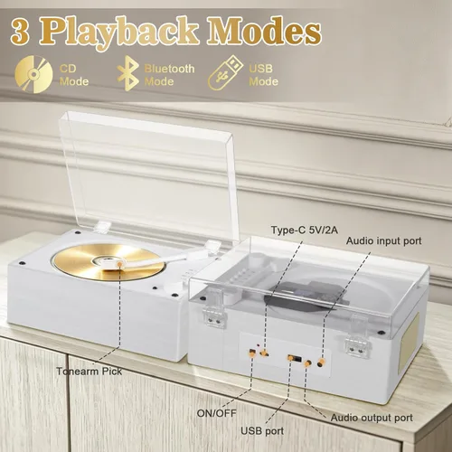 Miniatura 5 de CD Player with Bluetooth 5.3, Wood Grain CD Player for Home, Retro Desktop Music Player, Dual HI-FI Speakers with Remote Control