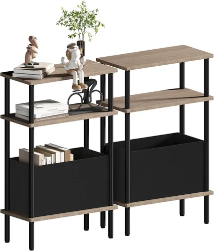 Miniatura 12 de Mesa auxiliar estrecha con cesta de tela, mesa auxiliar para espacios pequeños, mesita de noche delgada con estante de almacenamiento de 3 niveles