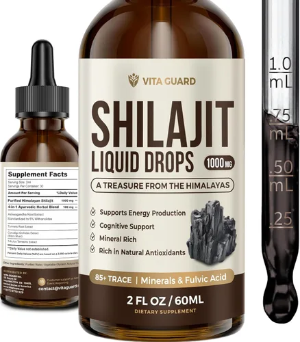 Gotas líquidas Shilajit del Himalaya, 1000 mg de energía e inmunidad con más de 85 oligoelementos y ácido fúlvico, suplemento de fuerza, vitalidad