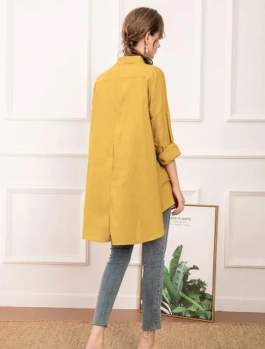 Miniatura 7 de Minibee Camisa de lino de algodón para mujer, blusa bordada de manga larga con botones