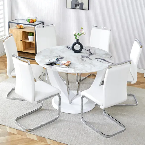 Miniatura 32 de Juego de mesa de comedor redonda de 48'' para 4, juego de mesa y sillas de cocina de mármol, conjunto de 4, mesa redonda con pata de MDF negro