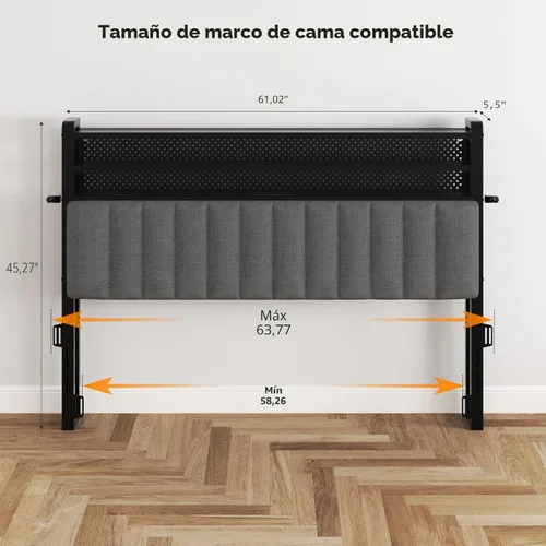 Miniatura 3 de VINGLI Cabecera LED Queen con 3 estantes de almacenamiento y estación de carga, moderna cabecera tapizada con luces RGB, puertos USB y toma de Lino