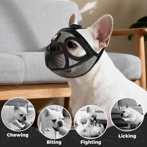 Miniatura 6 de Bozal de bulldog francés, bozal corto de malla suave con apertura de la boca y agujeros agrandados para los ojos, permite jadear, beber y alimentar