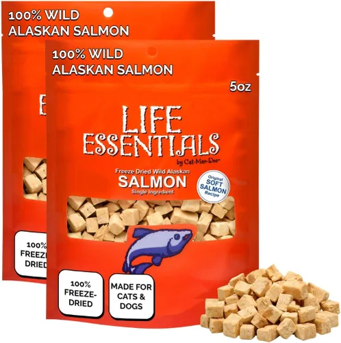 Life Essentials by Cat-Man-Doo Salmón - Paquete de 2 bolsas de 5 onzas | Golosinas liofilizadas de salmón para gatos y perros | Saludables, de un