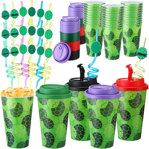 Miniatura 33 de Yungyan 16 juegos de tazas de golosinas con tapas y pajitas para decoraciones de cumpleaños, reutilizables, 16 onzas, vasos de plástico para dulces