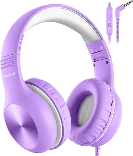 Miniatura 10 de Nabevi Auriculares para niños con cable, auriculares sobre la oreja para niños con micrófono, límite de volumen de 85/94 dB, auriculares para niños