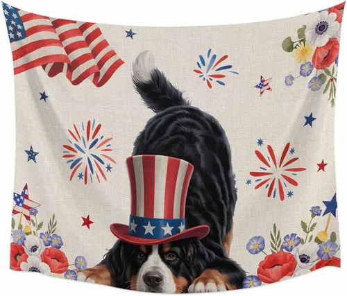 Miniatura 3 de LooPoP Tapiz para colgar en la pared del 4 de julio, con bandera de Estados Unidos, tapices de perros, sombreros estéticos, rayas de amapola