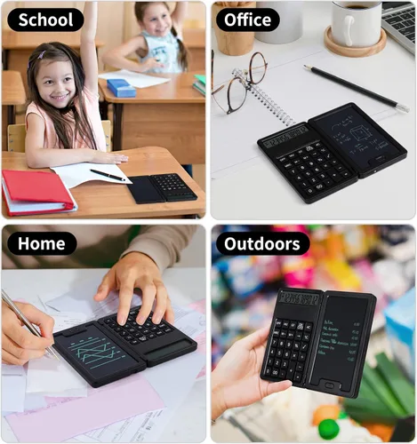 Miniatura 7 de Calculadora básica portátil de escritorio, mini calculadoras pequeñas con bloc de notas de escritura y lápiz capacitivo, más ligera y portátil, Negro