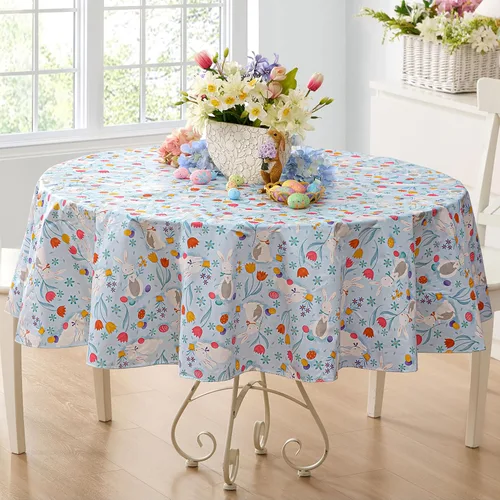 Miniatura 12 de Newbridge Blue Easter Cotton Tail Bunny Party 52 x 52 inch Square Vinyl Tablecloth with Flannel Backing, Bunny Rabbit, Easter Eggs and Floral Design