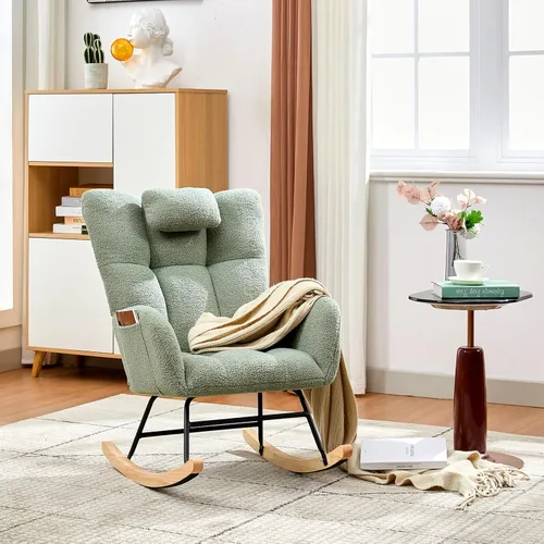 Mecedora deslizadora tapizada con patas de madera para sala de estar, dormitorio, cuarto de bebé, incluye bolsillos laterales