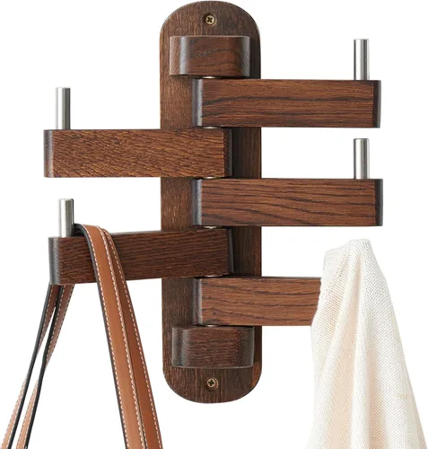 Miniatura 8 de Perchero giratorio de roble con ganchos para abrigos, ganchos de pared de madera con 5 brazos plegables giratorios, perchero de pared de 30 cm