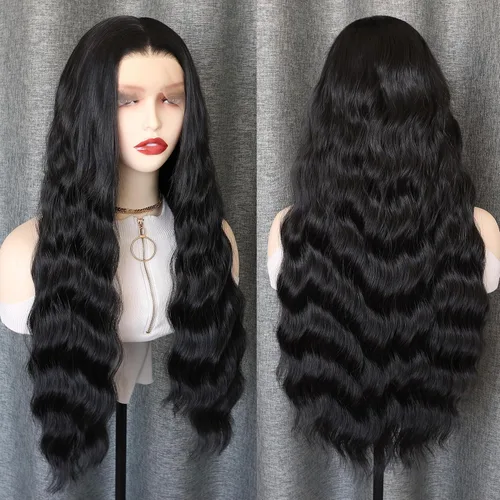Miniatura 19 de Pelucas de encaje frontal sintéticas largas y rizadas de color gris para mujeres, parte central, línea natural del cabello, pelucas de encaje