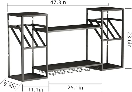 Miniatura 2 de KaKaBB Estante de vino montado en la pared, estantes de metal de 47 pulgadas de 2 niveles con soporte para vidrio, capacidad para 30 botellas y de 6