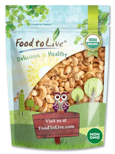Food to Live Anacardos enteros tostados orgánicos en seco, 2 libras sin OMG, sin sal, nueces tostadas al horno, sin aceite añadido, kosher, vegano,