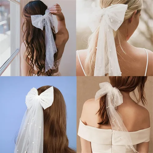 Miniatura 7 de Clip de velo de velo para novia, horquillas de velo con pinzas para el cabello con lazo de malla de perlas (negro)
