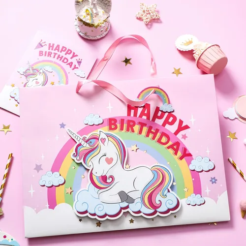 Miniatura 6 de WRAPAHOLIC Bolsa de regalo de cumpleaños extra grande de 16 pulgadas con tarjeta y papel de seda, unicornio de fantasía feliz cumpleaños Unicornio