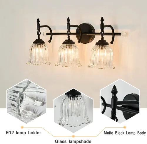 Miniatura 4 de CVKASH Accesorios de Lámpara de Tocador de Baño de 3 Luces Sobre Espejo, Lámpara de Tocador Moderna Negra con Pantalla de Vidrio, Aplique de Pared
