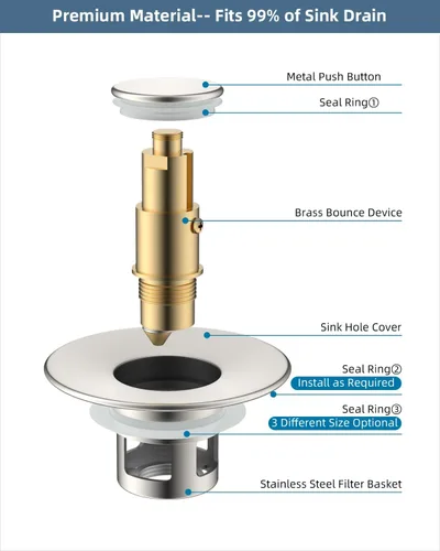 Miniatura 5 de Hibbent Paquete de 2 tapones universales de metal para lavabo de 1.1 a 2.3 pulgadas, colador de drenaje de fregadero emergente, tapón tipo empuje