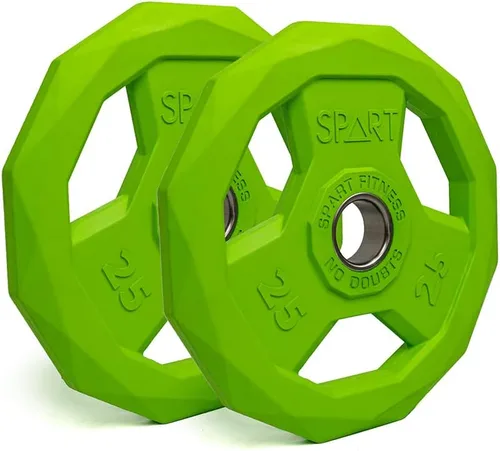 Miniatura 13 de SPART Placa de peso con código de color de 2 pulgadas, placa de agarre olímpico con revestimiento de goma para barra, placas de peso de hierro Juego