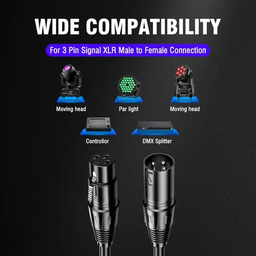 Miniatura 8 de Cable DMX de 10 pies, paquete de 10 cables flexibles de señal XLR macho a hembra, adecuado para señal de iluminación de escenario, conexión XLR
