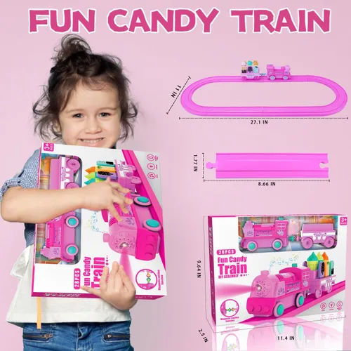 Miniatura 7 de Juegos de trenes clásicos rosados para niños pequeños, juguetes musicales de tren eléctrico con camión de helado de bricolaje, rompecabezas