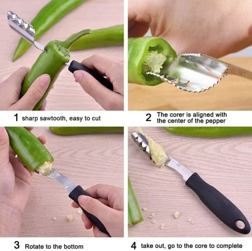 Miniatura 3 de Herramienta de descorazonado de jalapeño con corte serrado y mango de goma, removedor de semillas o cortador de verduras para una cocina y parrilla