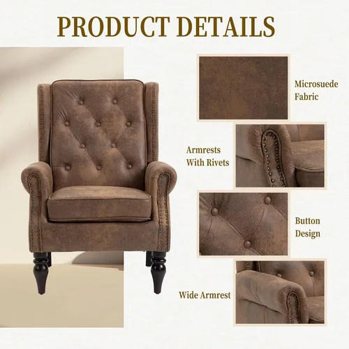 Miniatura 5 de Henf Sillón moderno tapizado con patas de madera resistentes y respaldo alto, sillón de tela para oficina, para sala de estar, dormitorio (café)