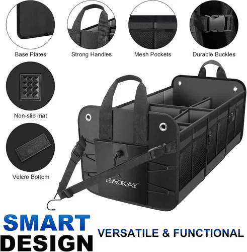 Miniatura 2 de HAOKAY Organizador de maletero de automóvil con tapa, resistente, extra grande, color negro, Oxford, multicompartimentos, plegable, para SUV