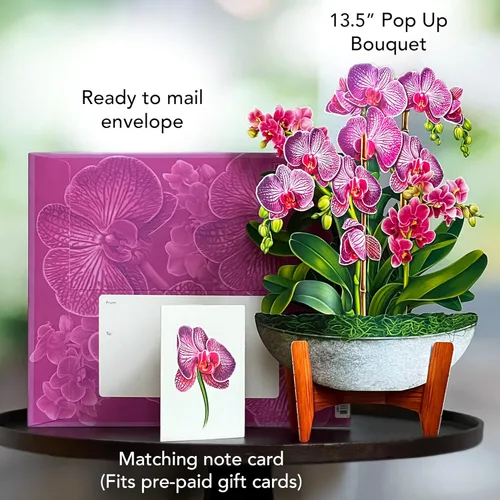 Miniatura 2 de Freshcut Paper Tarjetas de felicitación desplegables, Oasis de orquídeas, tarjeta de felicitación 3D desplegable de ramo de flores en tamaño natural