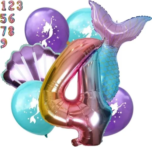 DIWULI Juego de decoraciones de cumpleaños de sirena: globo rosa con el número 4, globos de sirena, decoraciones de fiesta bajo el mar, decoraciones