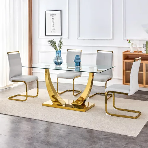 Miniatura 23 de Juego de mesa de comedor de 63 pulgadas para 4, juego de mesa de comedor dorado moderno para 4, juego de mesa de cocina de mármol sintético con negro