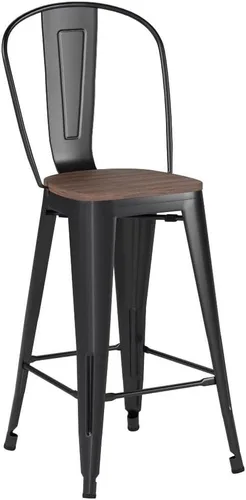 Miniatura 4 de Yongchuang Juego de 4 taburetes de bar de 24 pulgadas, de metal negro, altura de mostrador, con respaldo alto, asiento de madera grande, sillas