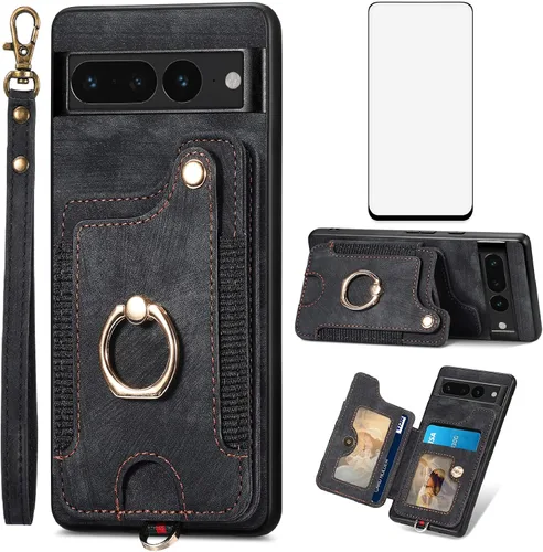 Funda para teléfono para Google Pixel 7 Pro 5G, funda tipo cartera con protector de pantalla y correa para la muñeca, cordón para tarjetas de