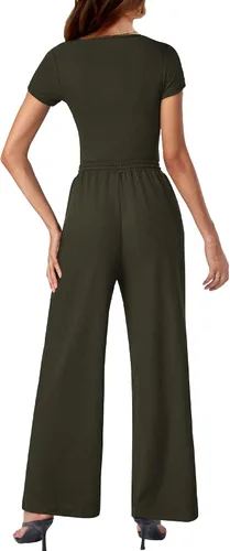 Miniatura 3 de BTFBM Conjunto casual de 2 piezas para mujer, con cuello cuadrado, manga corta, con cordón, pantalones de punto, a juego