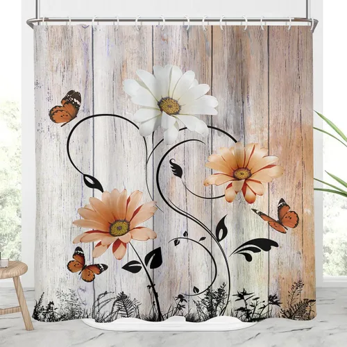 Miniatura 24 de AAtter Cortina de ducha floral azul rústica boho gris blanco amarillo margarita naturaleza negro botánico telón azul verdoso turquesa tela única