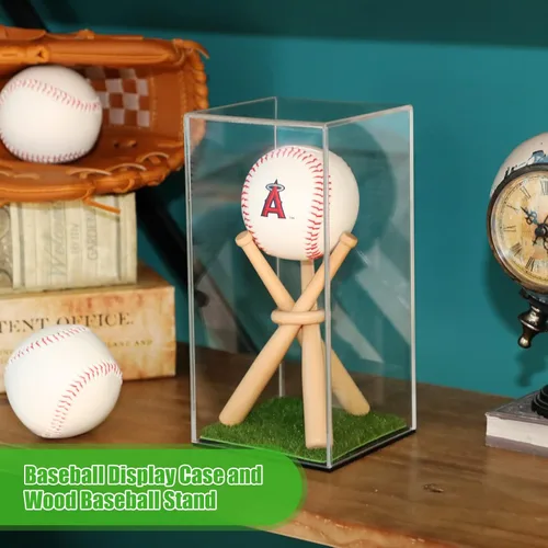 Miniatura 3 de Mudder Vitrina de béisbol y soporte de madera, soporte de acrílico para béisbol, caja de acrílico con almohadilla de césped para exhibición