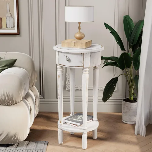 COSIEST Mesa auxiliar alta con cajón, mesita de noche redonda con estante de almacenamiento, mesa auxiliar de teléfono industrial para sala de