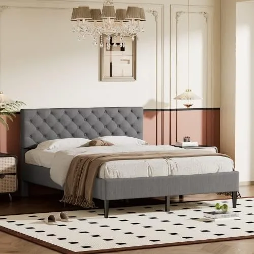 Miniatura 8 de Marco de cama de plataforma de tamaño individual, marco de cama tapizado de lino de diseño moderno con cabecera copetuda, cama de almacenamiento
