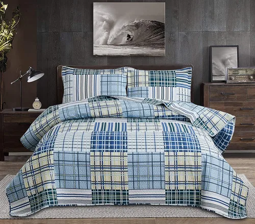 Miniatura 9 de Juego de edredón tamaño Queen, colcha a cuadros, cubrecama Queen, edredones Queen de retazos, ropa de cama para hombres colección a cuadros, colcha